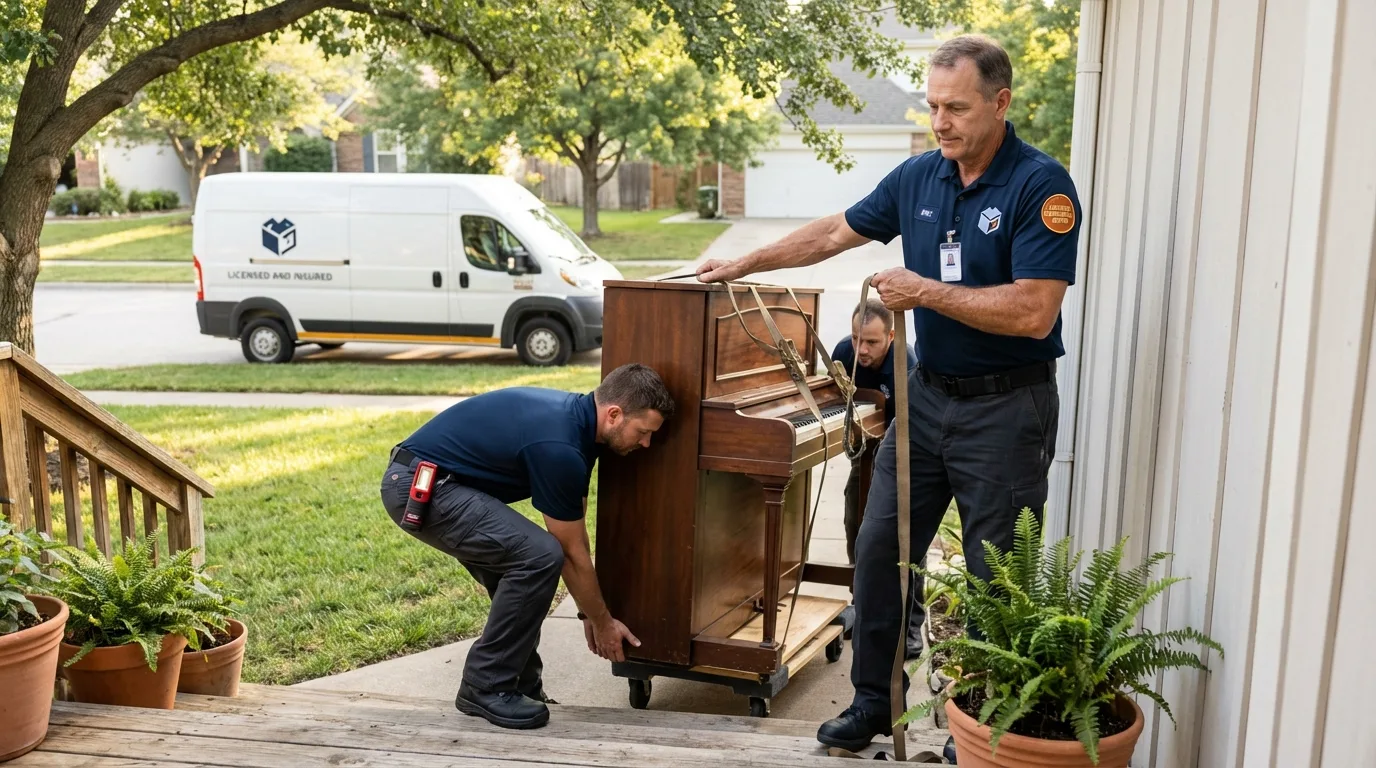 Licensed piano movers securing grand piano in Thomasville, GA
