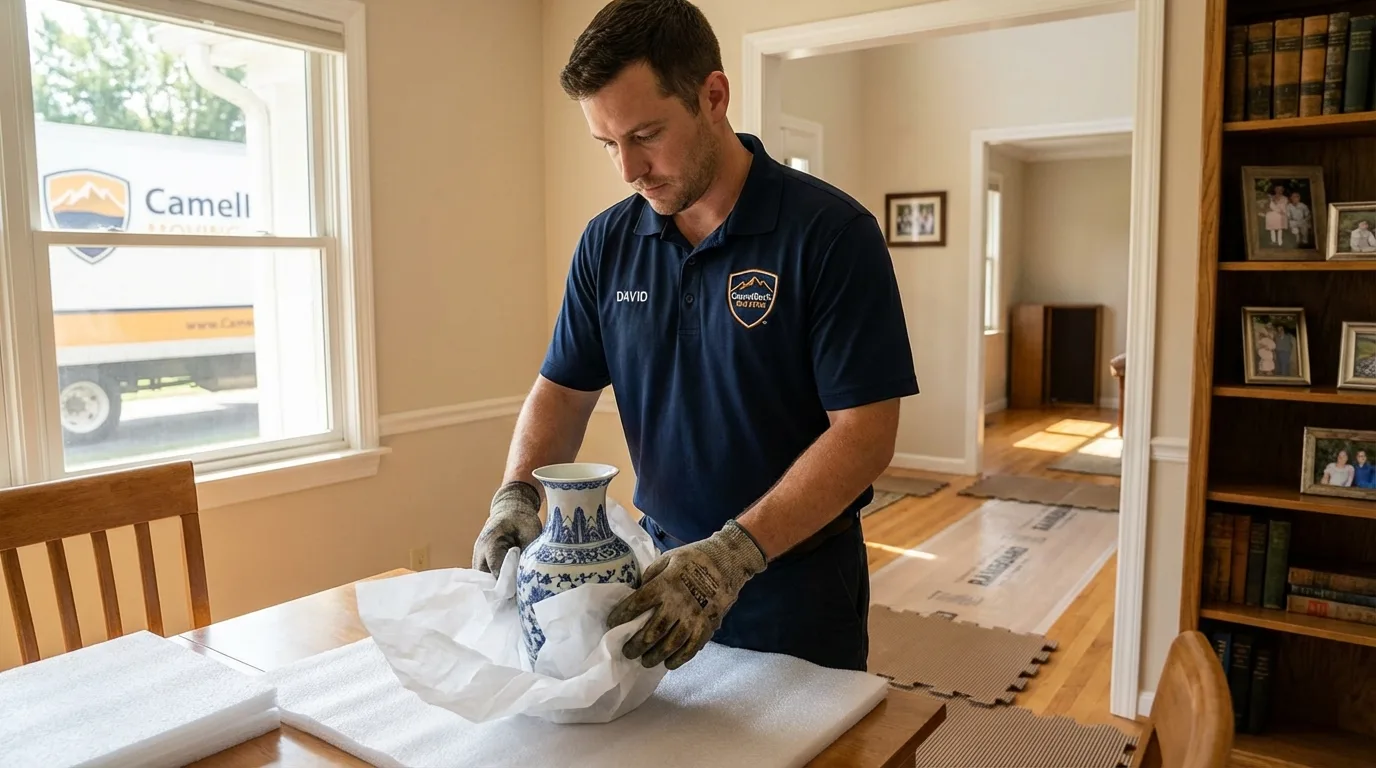 Professional crew carefully wrapping antique vase for senior downsizing move in Thomasville, GA